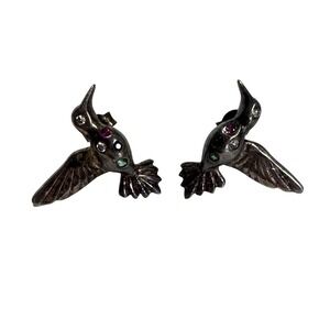 Hummingbird Earrings Studs Gemstone Accents Silver Tone Bird Jewelry